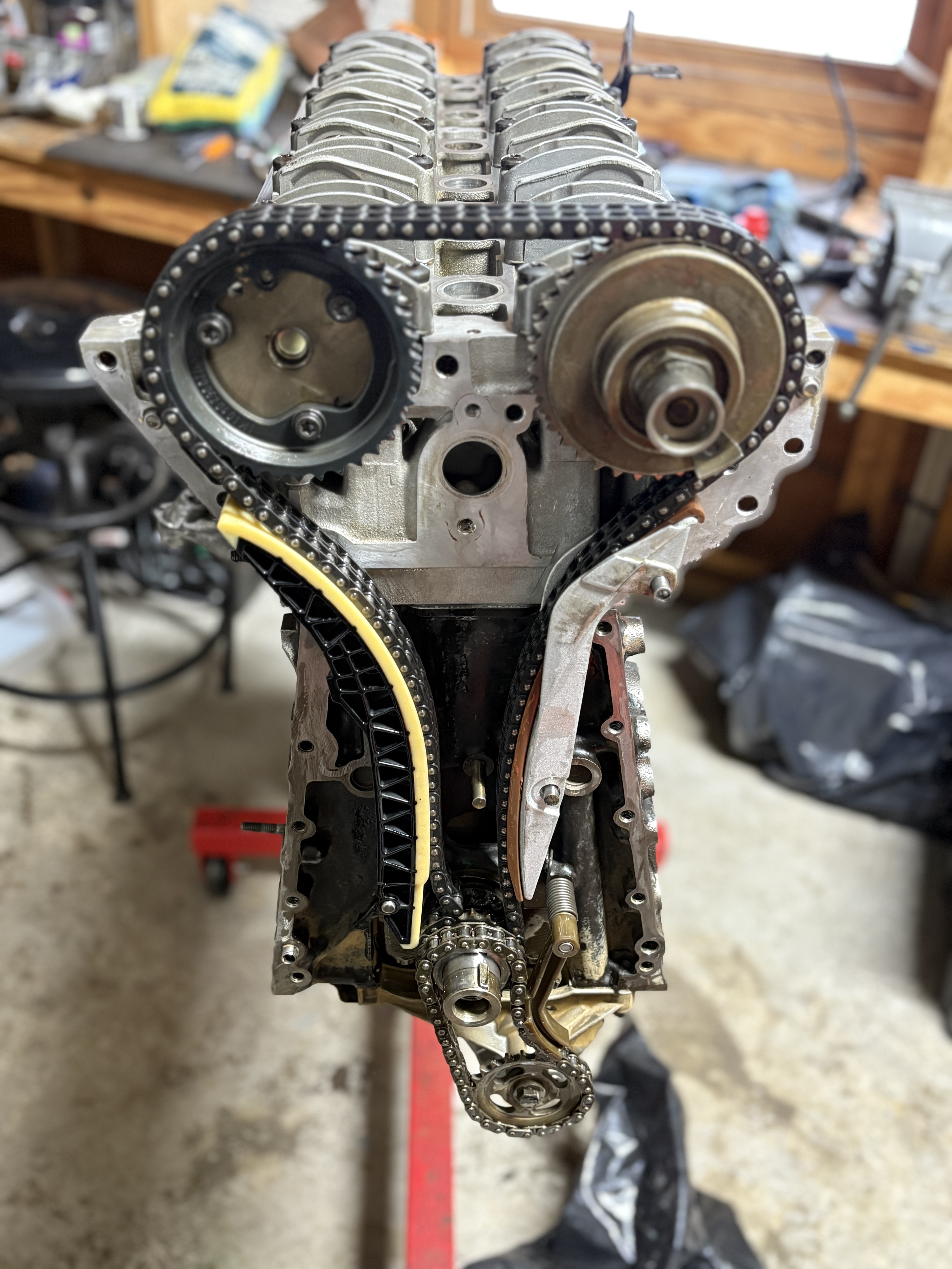 Mercedes M104 timing chain assembly on engine stand