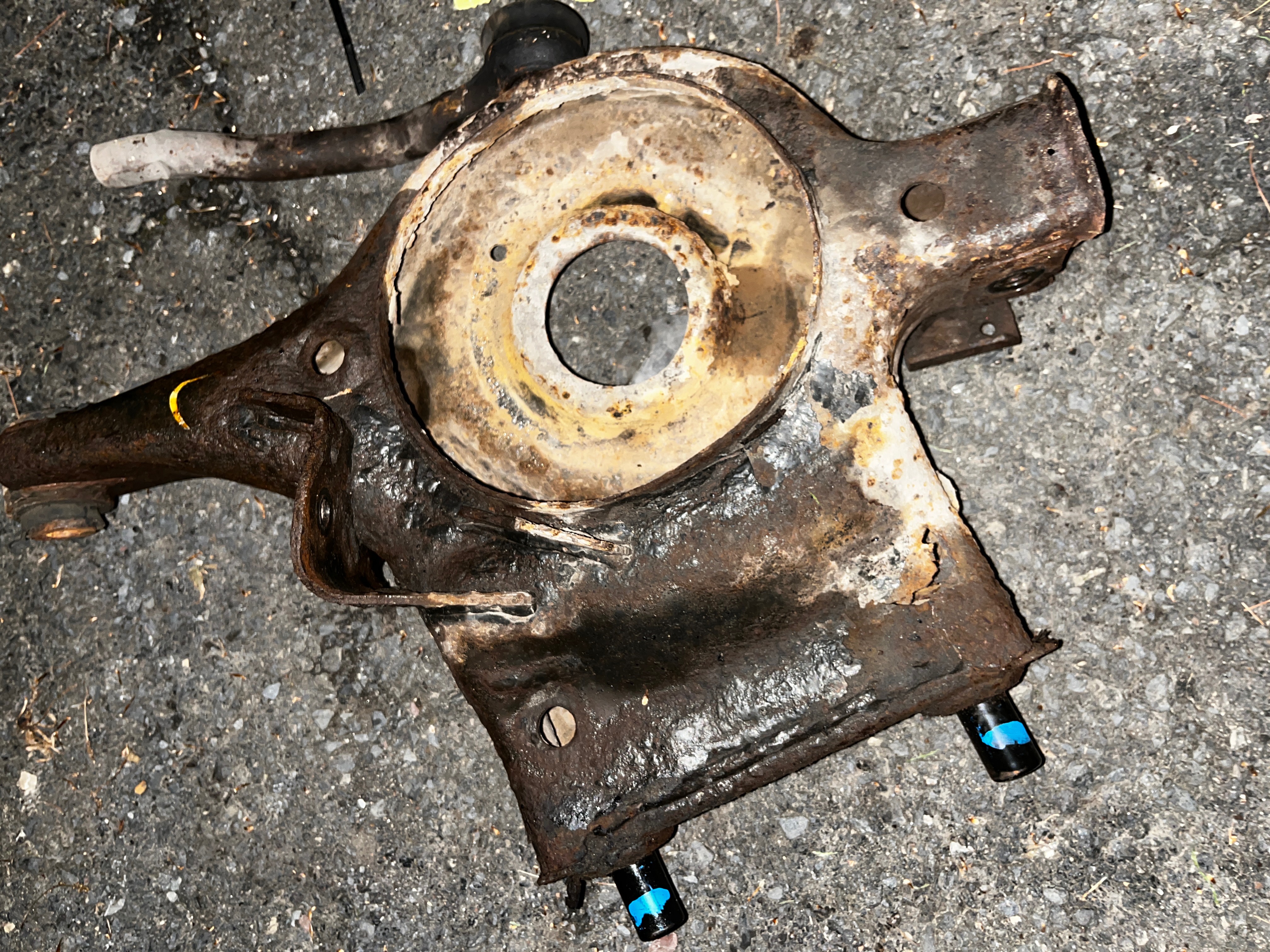 Mercedes steering knuckle and hub removed for replacement